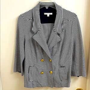 Cabi navy and white striped double breasted blazer, size L, with 4 brass buttons
